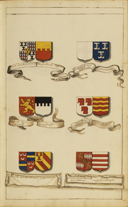 135406 Afbeelding van de wapenschilden van zes Utrechtse ridderhofsteden en hun bezitters: linksboven Rijsenburg / ...